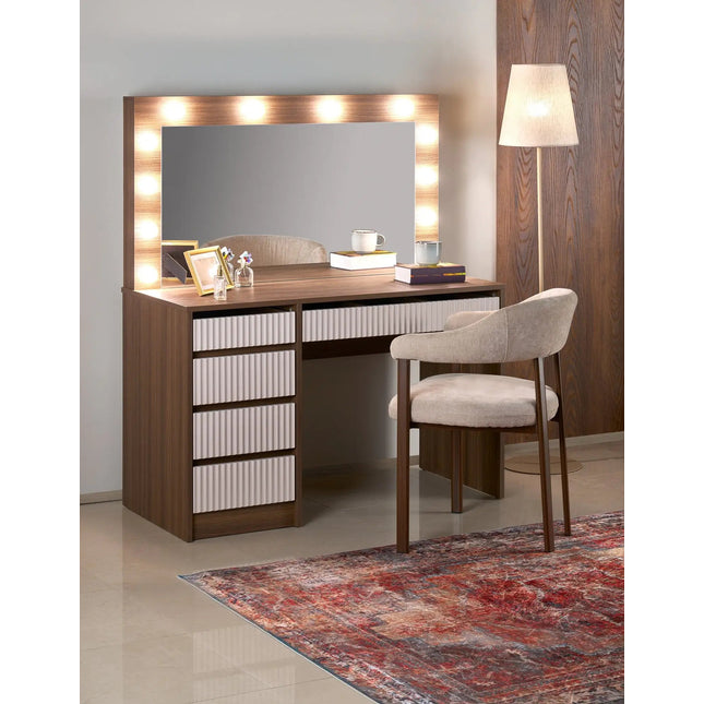 Aurea Makeup Desk 120 valoilla - pähkinä / cashmere - KalusteDuo_Huonekaluliike_Meikkipöytä