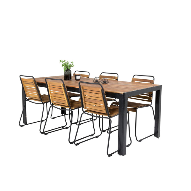Bois ruokapöytä 200*100cm - mustat jalat / akaasia + 6kpl Bois ruokatuoli - musta al - KalusteDuo_Huonekaluliike_Ruokailuryhmä ulkokäyttöön