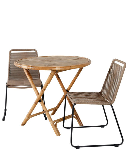 Cane pöytä ø80cm - bambu + 2kpl Lindos pinottava tuoli - musta alumiini / latte köysi - KalusteDuo_Huonekaluliike_Ruokailuryhmä ulkokäyttöön