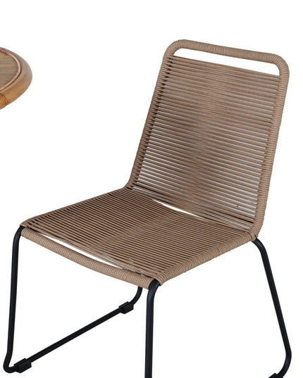 Cane pöytä ø80cm - bambu + 2kpl Lindos pinottava tuoli - musta alumiini / latte köysi - KalusteDuo_Huonekaluliike_Ruokailuryhmä ulkokäyttöön