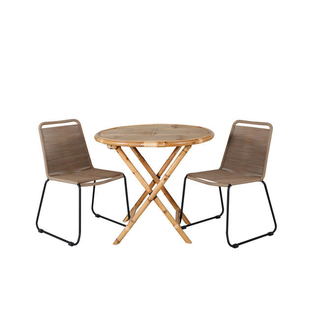 Cane pöytä ø80cm - bambu + 2kpl Lindos pinottava tuoli - musta alumiini / latte köysi - KalusteDuo_Huonekaluliike_Ruokailuryhmä ulkokäyttöön