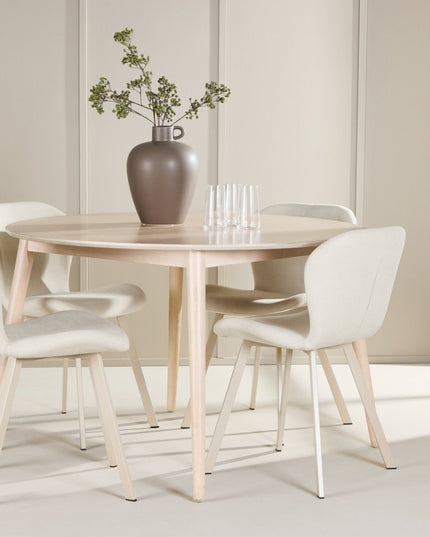 Flora pöytä - valkolakattu ja 4 Lilja tuolia - beige - KalusteDuo_Huonekaluliike_Ruokailuryhmä