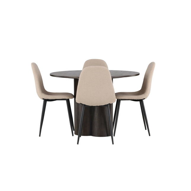 Olivia ruokapöytä 110 cm - mocca / mocca viilu + 4kpl Polar ruokatuoleja - musta / beige bouclé - KalusteDuo_Huonekaluliike_Ruokailuryhmä