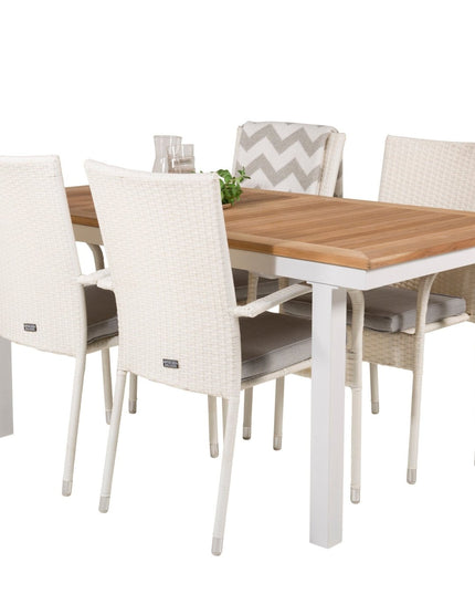 Panama pöytä 160/240 - valkoinen/tiikki L - Anna tuoli - valkoinen 4 kpl - KalusteDuo_Huonekaluliike_Ruokailuryhmä ulkokäyttöön