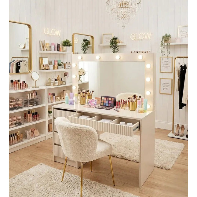 Stella Meikkipöytä Valoilla beige 120 cm - KalusteDuo_Huonekaluliike_Meikkipöytä