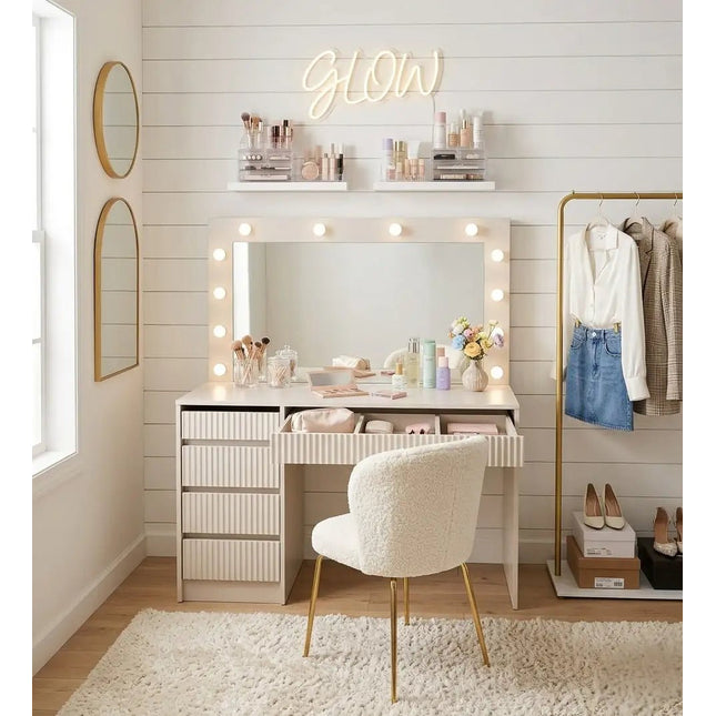 Stella Meikkipöytä Valoilla beige 120 cm - KalusteDuo_Huonekaluliike_Meikkipöytä