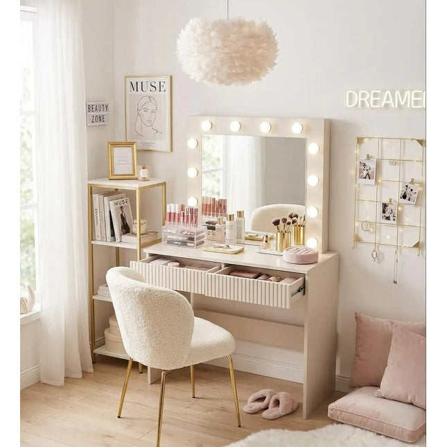 Stella Meikkipöytä Valoilla beige 94 cm - KalusteDuo_Huonekaluliike_Meikkipöytä